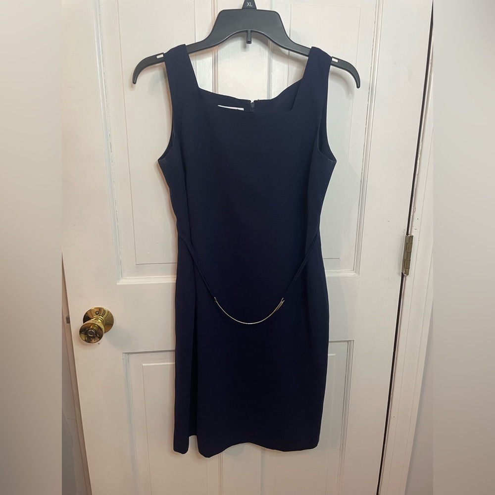 Blue Sleeveless Sheath Midi Dress with Square Neck